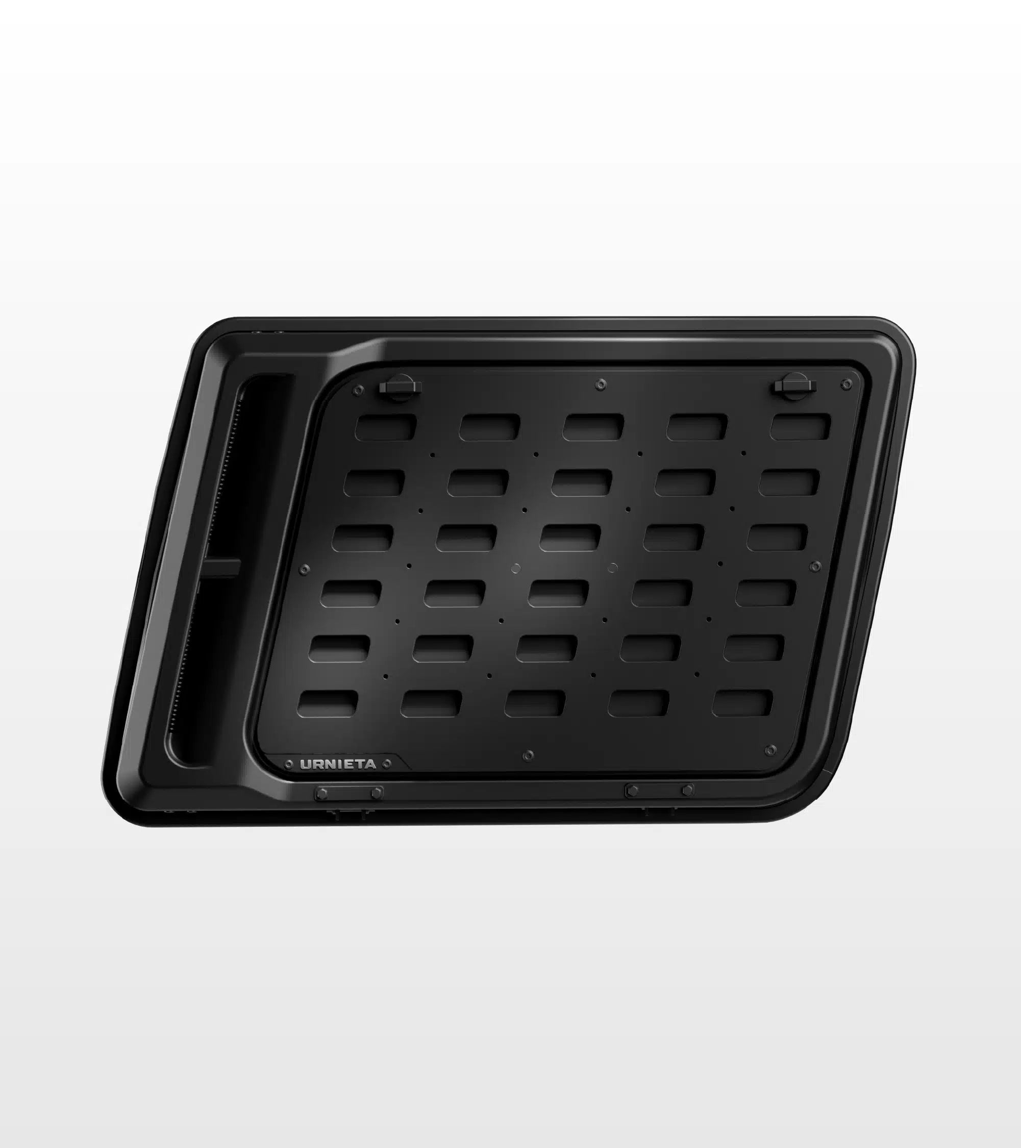 Black plastic tray with grid pattern on a light gray background