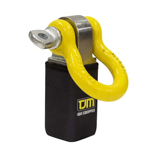 Yellow shackle with black housing featuring a brand logo on a white background
