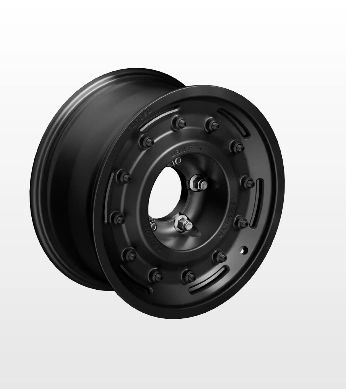 Black alloy wheel on a light gray background